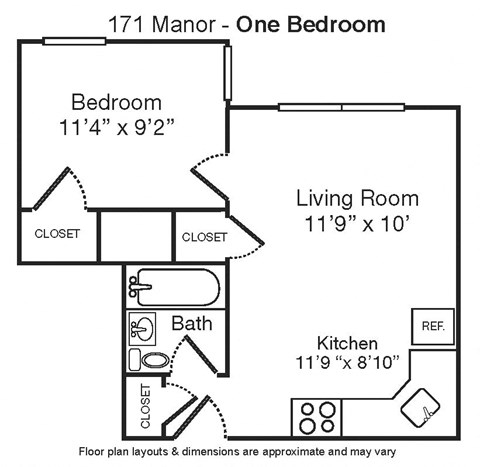 Floor plan for 1 bed, 1 bath